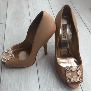 Badgley Mischka nude satin and rhinestone heels